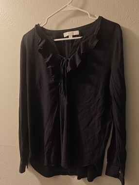 LOFT Navy Ruffled Tie-Neck Long Sleeve Blouse sz M